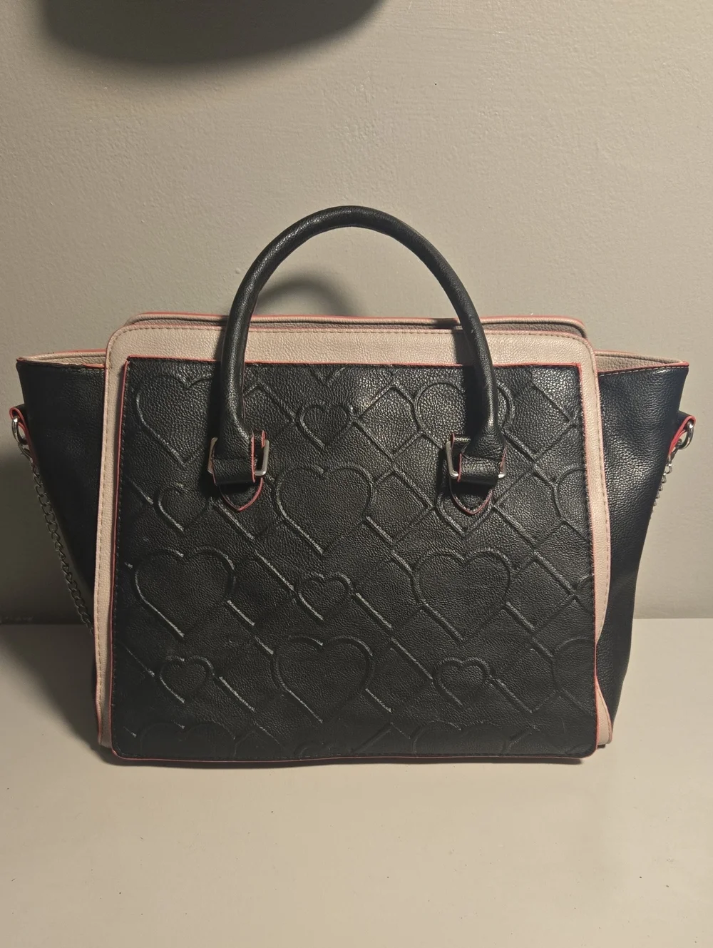 Luv Betsey Black Satchel with Pink Trim and Heart Bow Accent